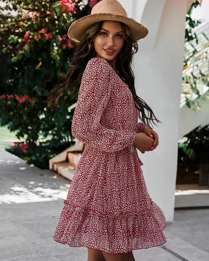Women's Casual Floral Printed Ruffle Dress Waist Tie Roundneck Long Sleeve A Line Mini Dress