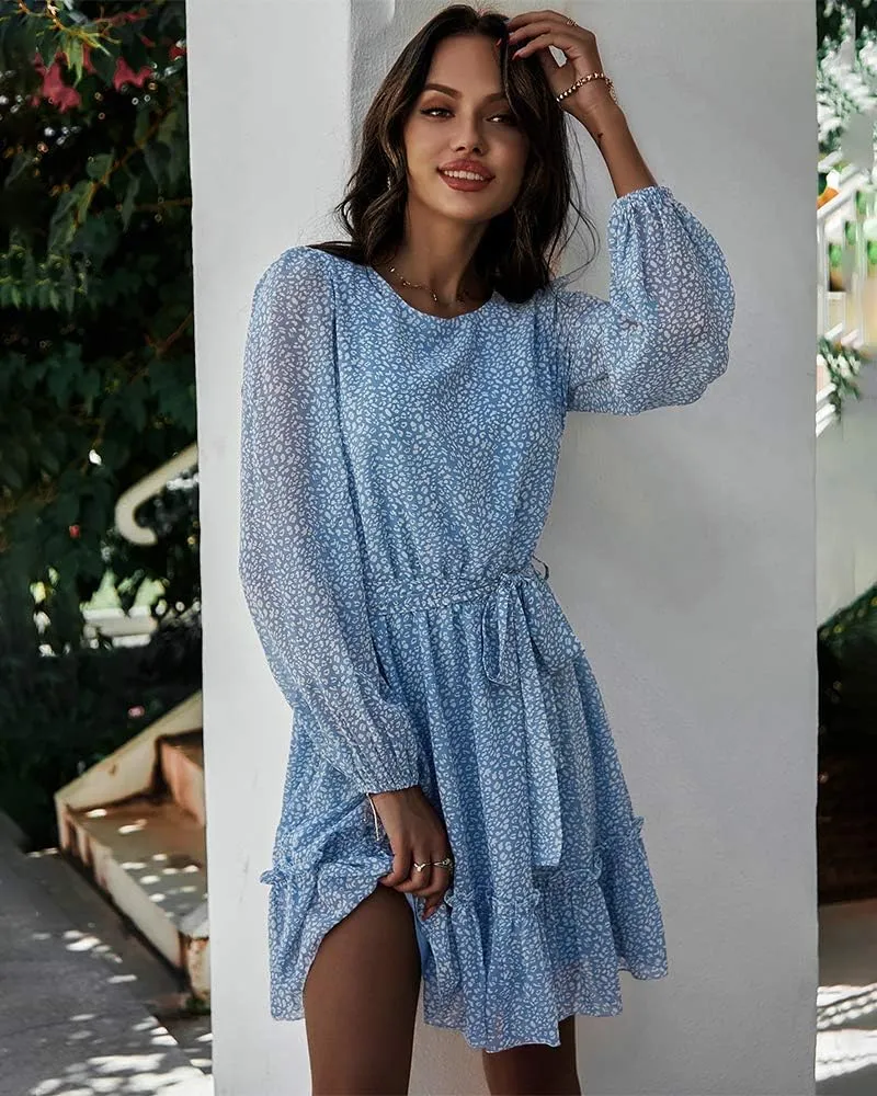 Women's Casual Floral Printed Ruffle Dress Waist Tie Roundneck Long Sleeve A Line Mini Dress