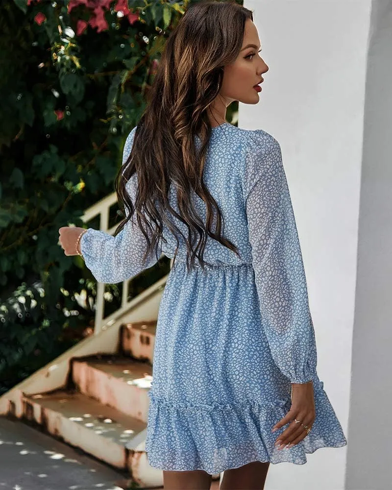 Women's Casual Floral Printed Ruffle Dress Waist Tie Roundneck Long Sleeve A Line Mini Dress