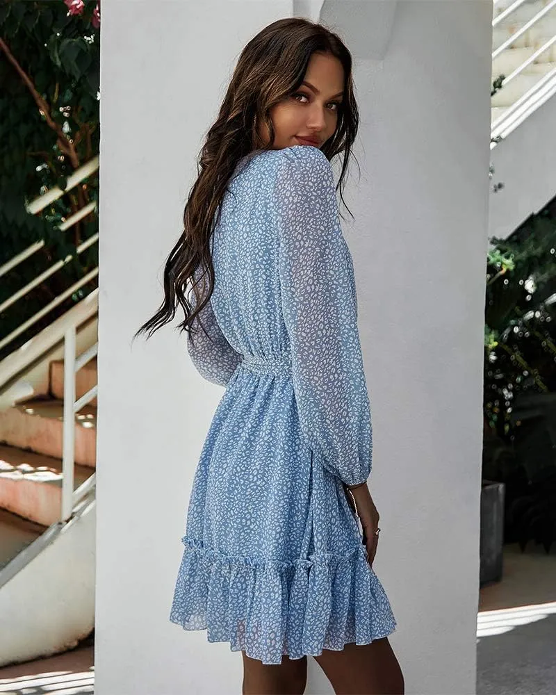 Women's Casual Floral Printed Ruffle Dress Waist Tie Roundneck Long Sleeve A Line Mini Dress