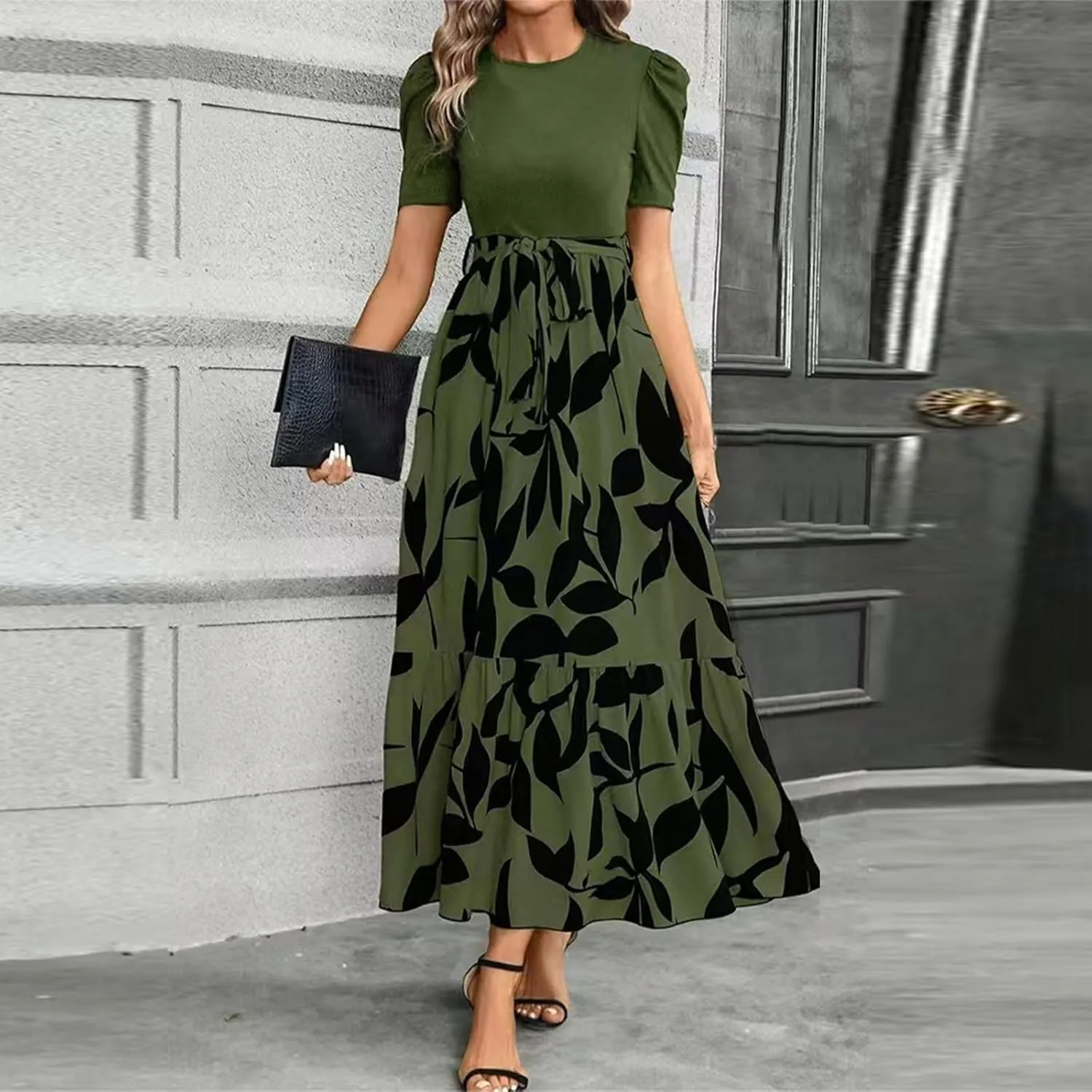 Women's Casual Long Flowy Dresses Ruffle Short Sleeve Floral Printed Dresses with Pockets Summer 2025 Maxi Dress