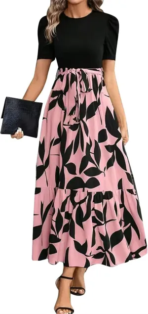 Women's Casual Long Flowy Dresses Ruffle Short Sleeve Floral Printed Dresses with Pockets Summer 2025 Maxi Dress