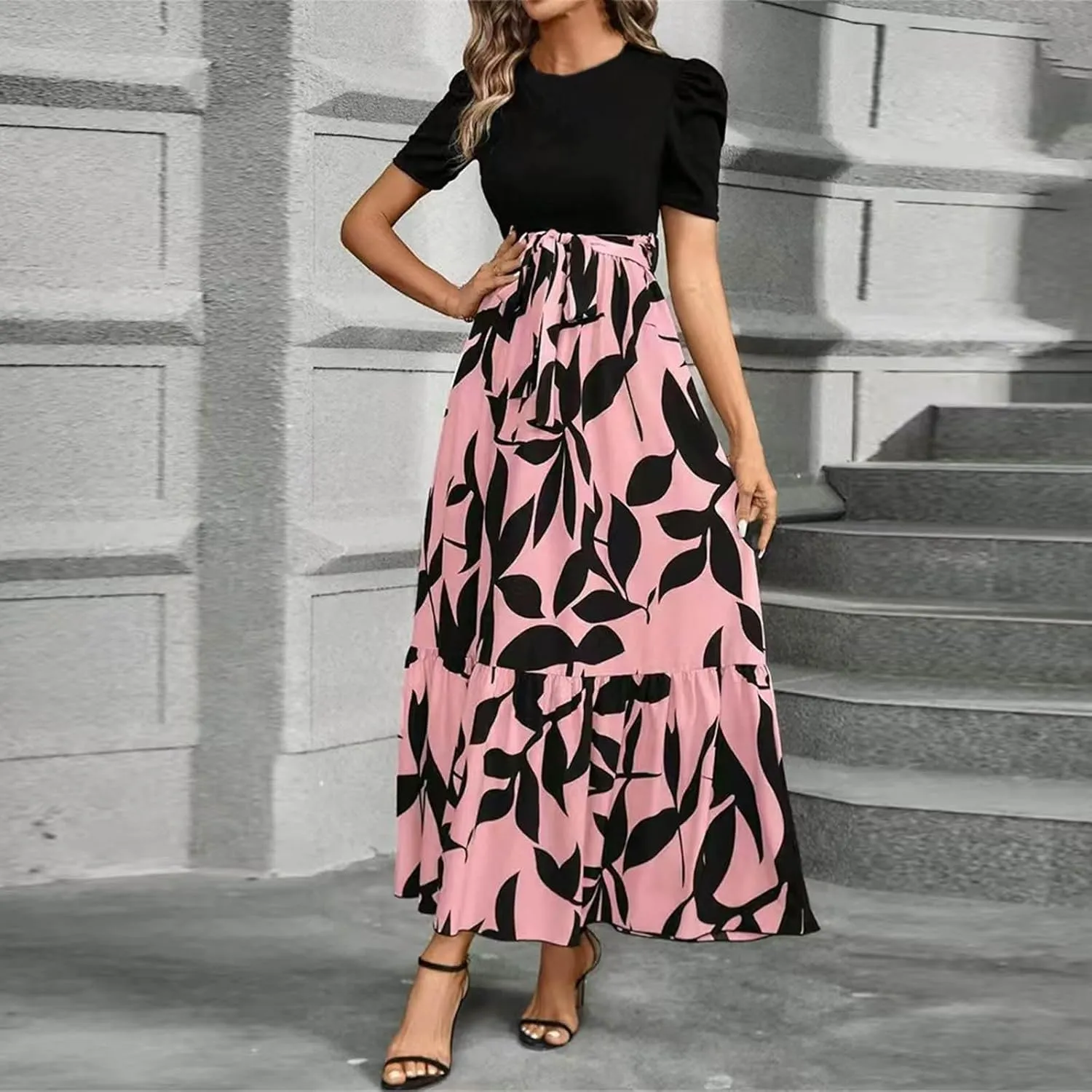 Women's Casual Long Flowy Dresses Ruffle Short Sleeve Floral Printed Dresses with Pockets Summer 2025 Maxi Dress