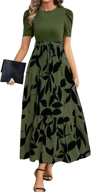 Women's Casual Long Flowy Dresses Ruffle Short Sleeve Floral Printed Dresses with Pockets Summer 2025 Maxi Dress
