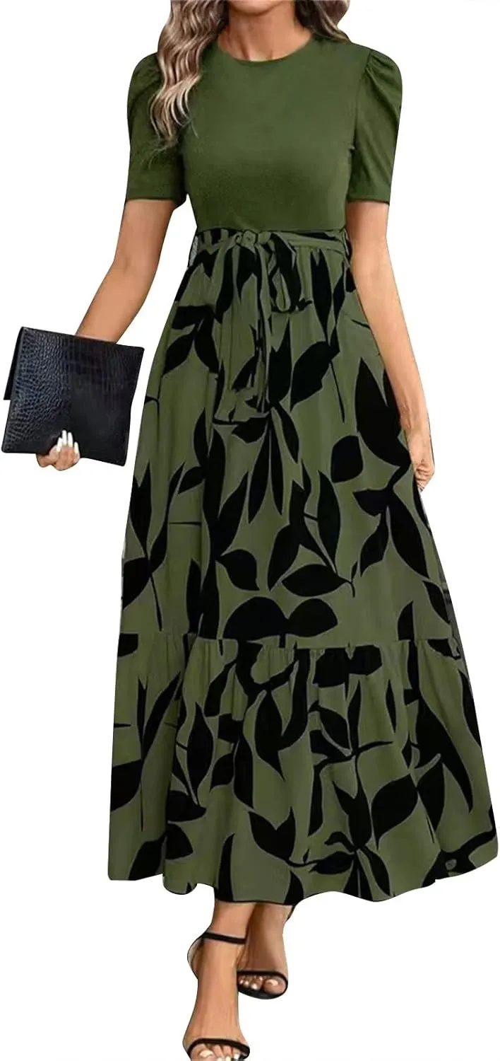 Women's Casual Long Flowy Dresses Ruffle Short Sleeve Floral Printed Dresses with Pockets Summer 2025 Maxi Dress
