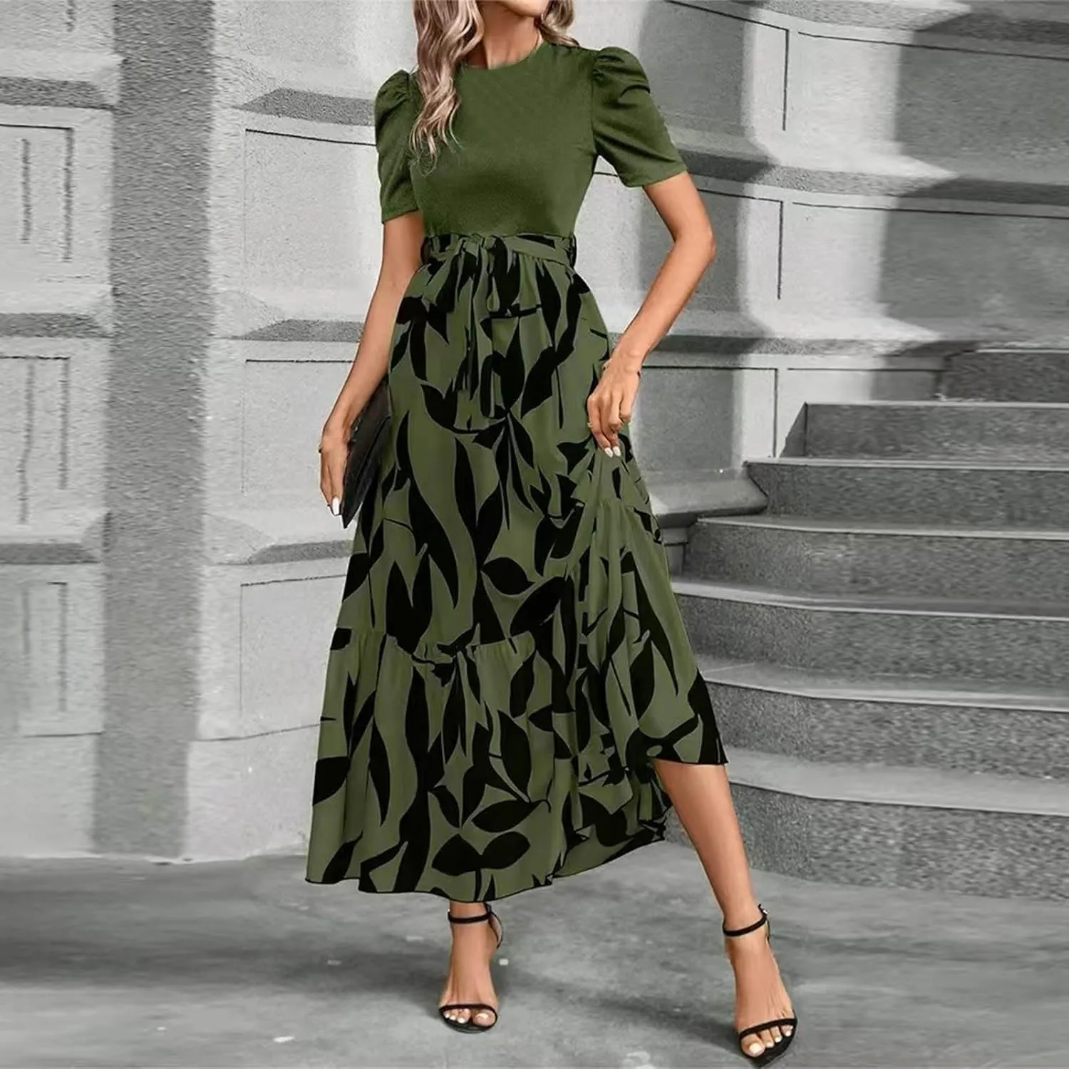 Women's Casual Long Flowy Dresses Ruffle Short Sleeve Floral Printed Dresses with Pockets Summer 2025 Maxi Dress