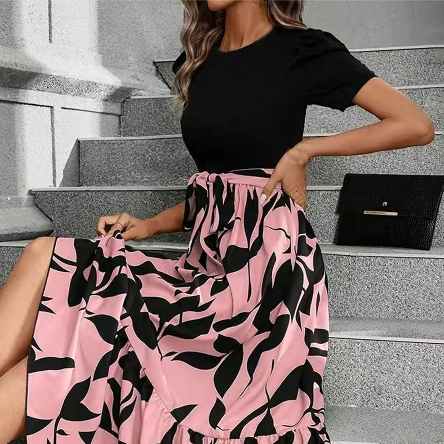 Women's Casual Long Flowy Dresses Ruffle Short Sleeve Floral Printed Dresses with Pockets Summer 2025 Maxi Dress