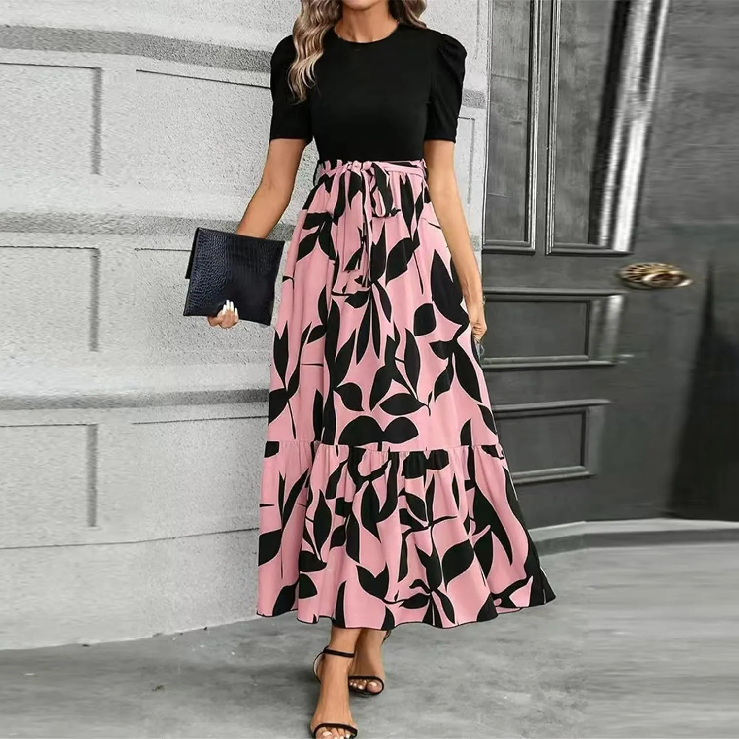 Women's Casual Long Flowy Dresses Ruffle Short Sleeve Floral Printed Dresses with Pockets Summer 2025 Maxi Dress