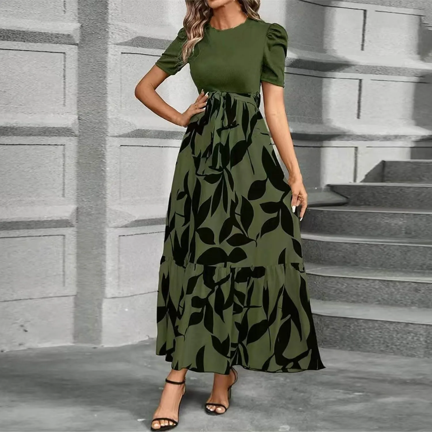 Women's Casual Long Flowy Dresses Ruffle Short Sleeve Floral Printed Dresses with Pockets Summer 2025 Maxi Dress