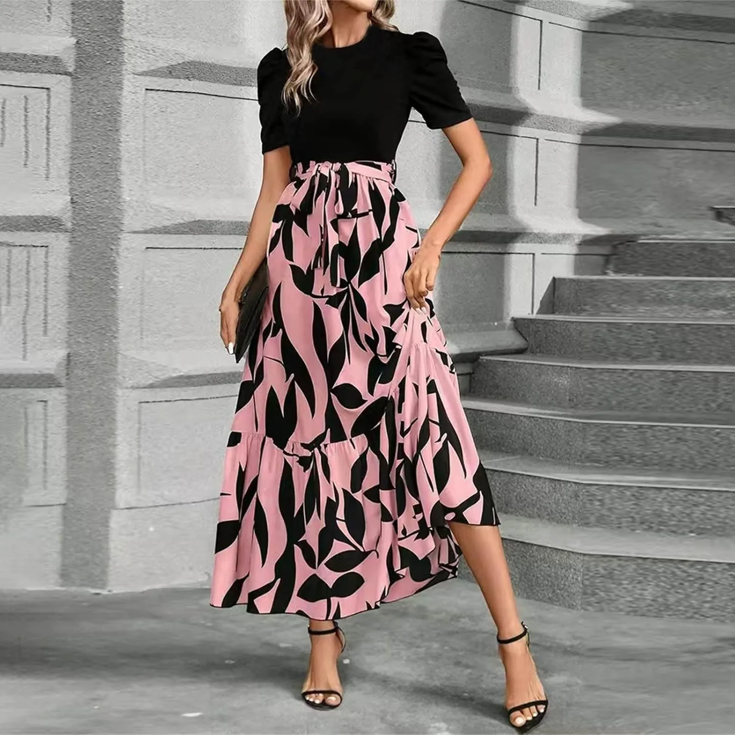Women's Casual Long Flowy Dresses Ruffle Short Sleeve Floral Printed Dresses with Pockets Summer 2025 Maxi Dress