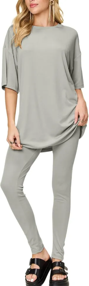 Women's Casual Two-Piece Set Solid Color Oversized Crew Neck Tunic Top And Leggings Set Black Half Sleeves Relaxed Fit
