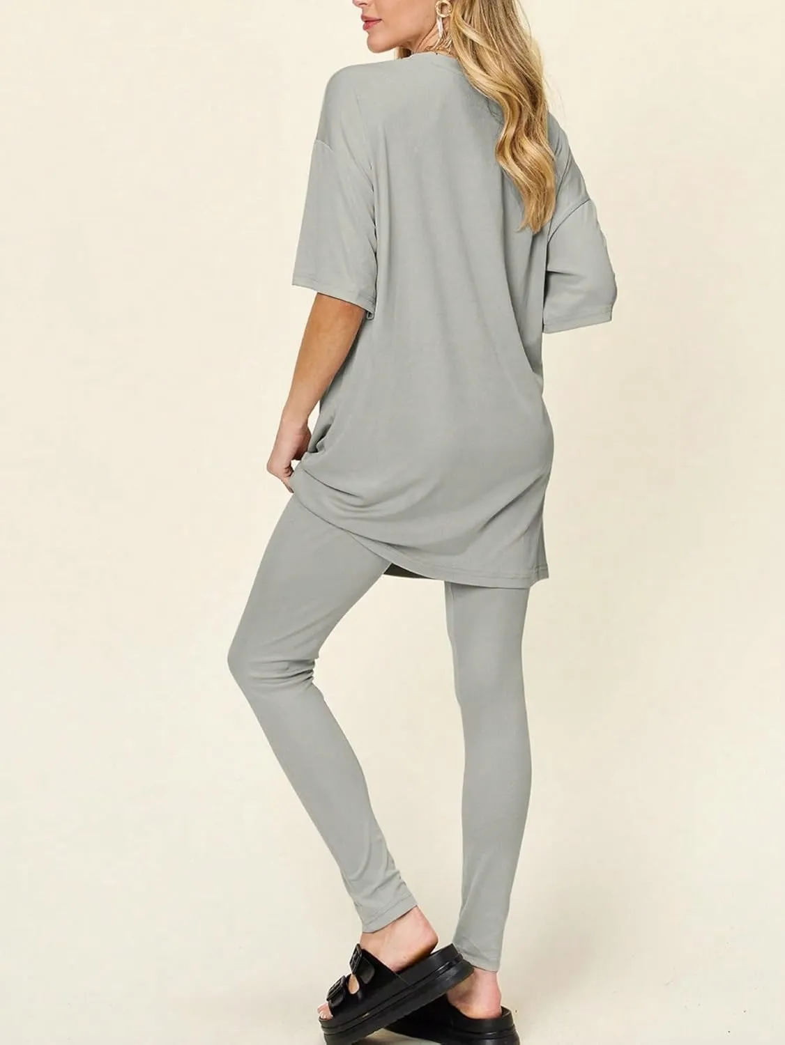 Women's Casual Two-Piece Set Solid Color Oversized Crew Neck Tunic Top And Leggings Set Black Half Sleeves Relaxed Fit