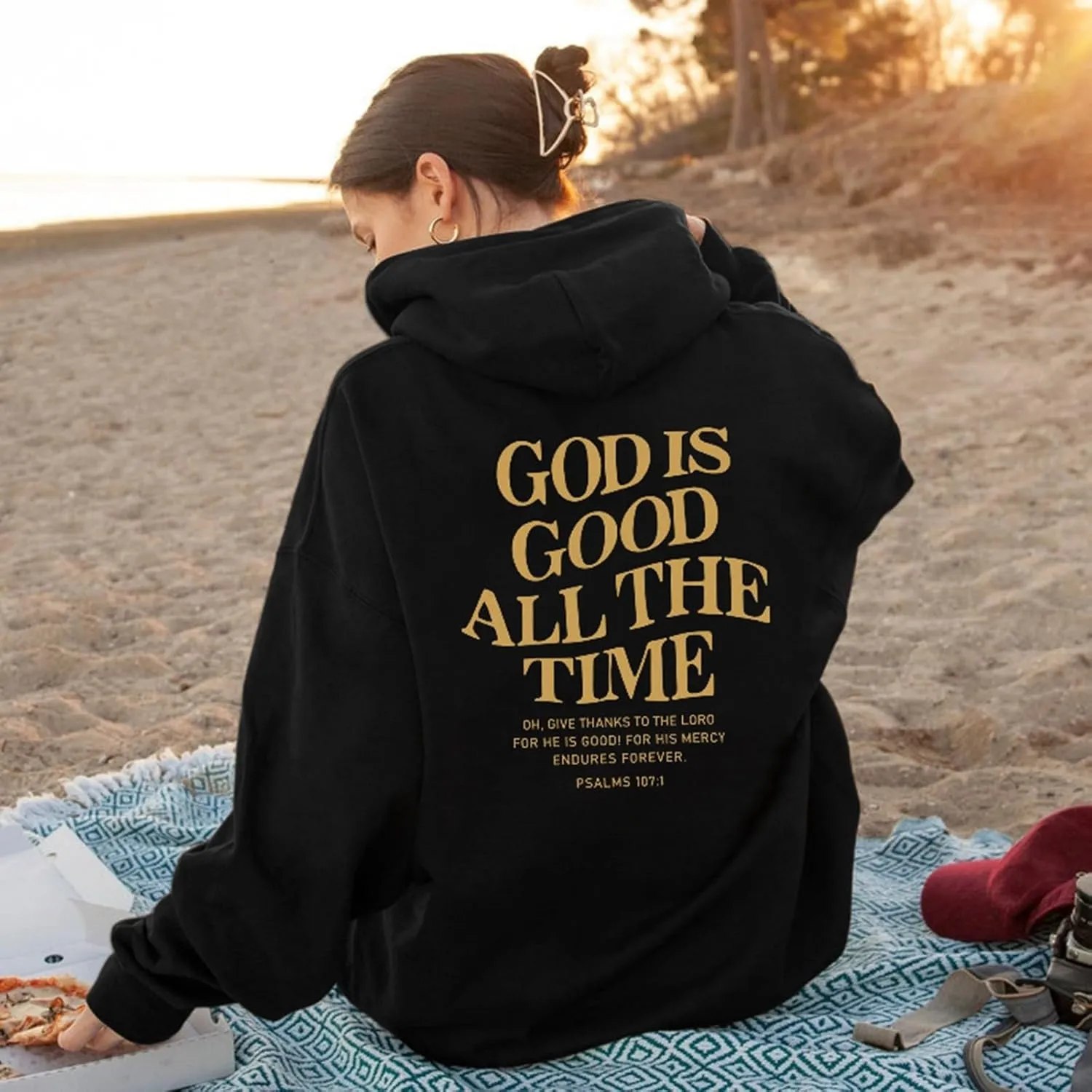 Women's Christian God Is Good All The Time Oversized Hoodies Cute Graphic Jesus Letter Pullover Sweatshirts Faith Y2K