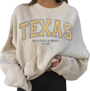 Womens Crewneck Sweatshirt Texas Sweatshirt For Women Letter Graphic Crewneck Oversized Casual Tops Teen Athletic Long Sleeve 2024 Fall Pullover Beige Medium