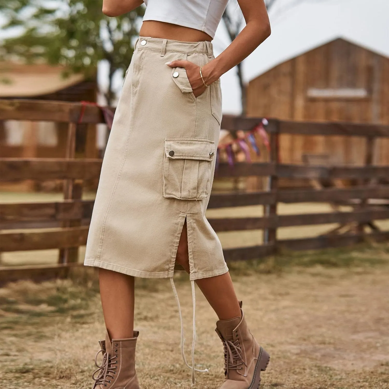 Women's Denim lace up Tooling Skirt Casual mid Length Skirt Animal Print Skirt with Slit