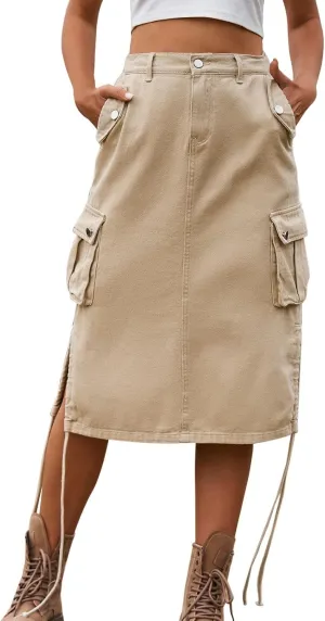 Women's Denim lace up Tooling Skirt Casual mid Length Skirt Animal Print Skirt with Slit