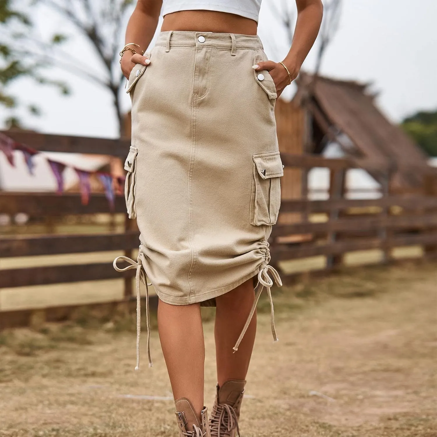 Women's Denim lace up Tooling Skirt Casual mid Length Skirt Animal Print Skirt with Slit