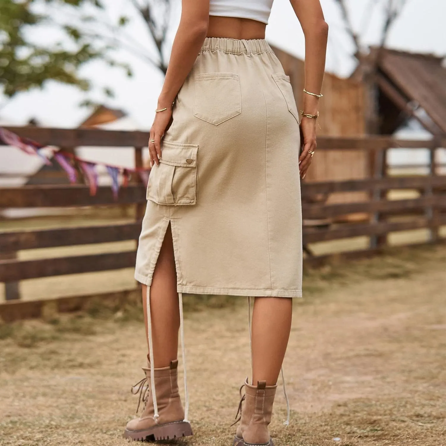 Women's Denim lace up Tooling Skirt Casual mid Length Skirt Animal Print Skirt with Slit