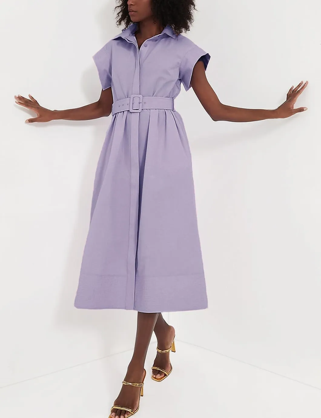 Women's Elegant Midi Shirt Dress Button Down Collared Trench Coat Business Dresses with Belt