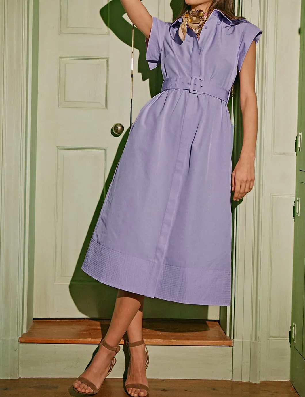 Women's Elegant Midi Shirt Dress Button Down Collared Trench Coat Business Dresses with Belt