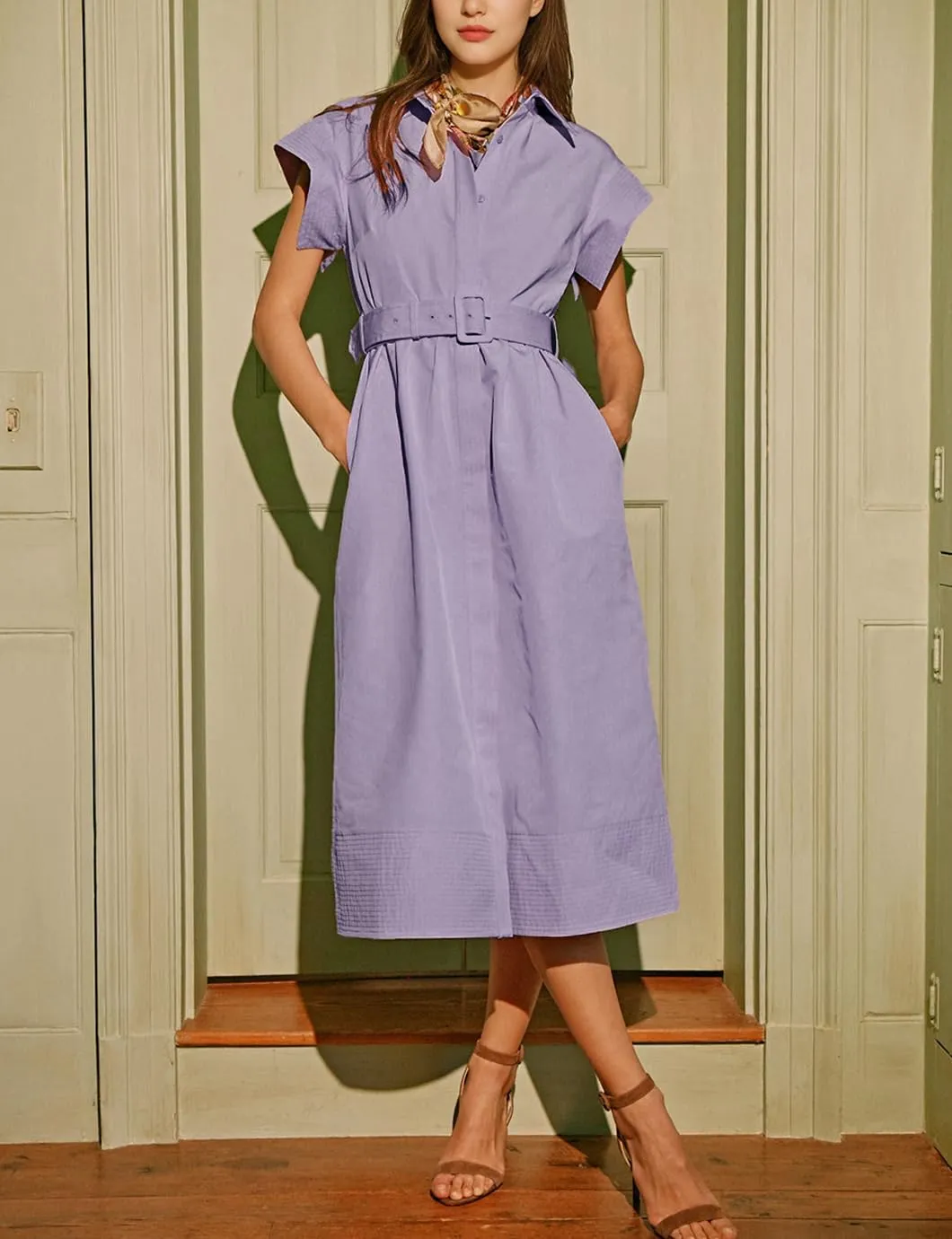 Women's Elegant Midi Shirt Dress Button Down Collared Trench Coat Business Dresses with Belt