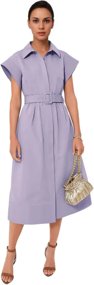 Women's Elegant Midi Shirt Dress Button Down Collared Trench Coat Business Dresses with Belt