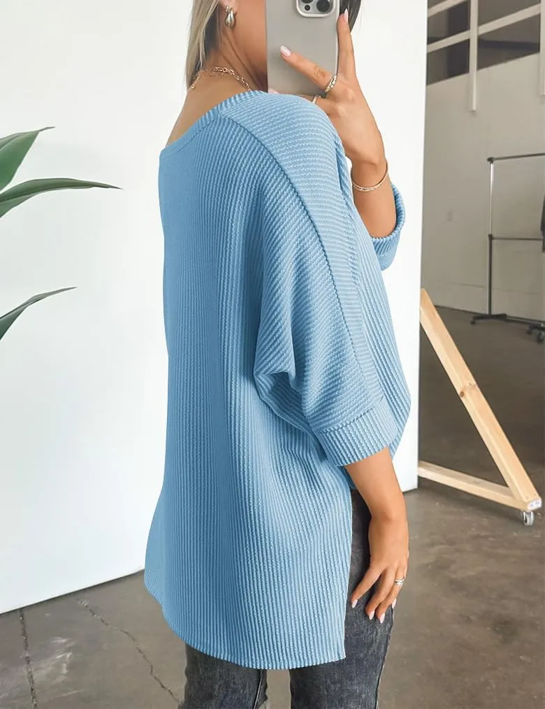 Womens Fashion Tunic Tops Ribbed Batwing 3/4 Sleeve Casual Corded Textured Split Hi-Lo Hem Shirts Blouses