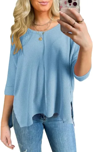 Womens Fashion Tunic Tops Ribbed Batwing 3/4 Sleeve Casual Corded Textured Split Hi-Lo Hem Shirts Blouses