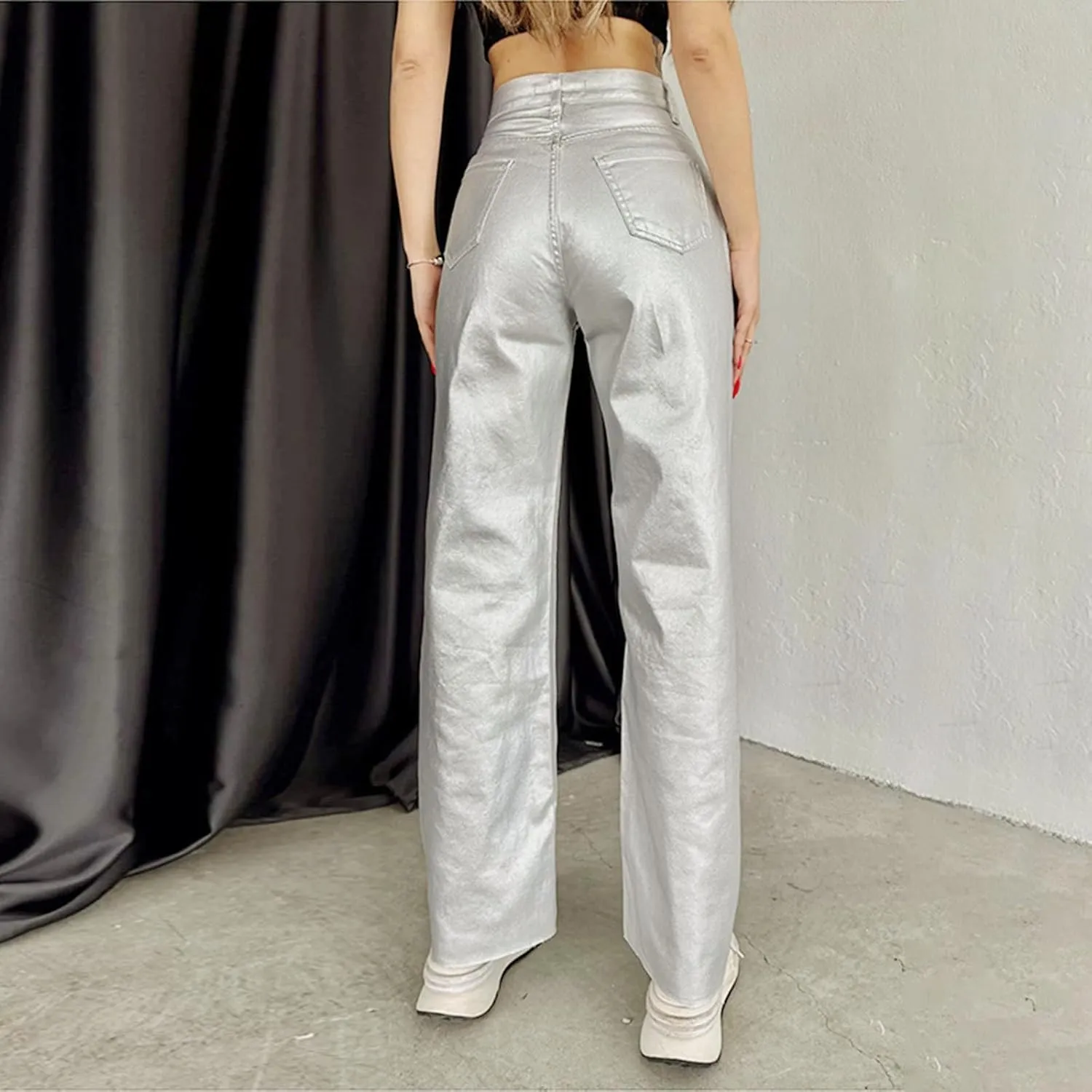 Women's Faux Leather Loose Solid PU Pants High Waist Baggy Jogger Cargo Trousers with Pockets Wide Leg Palazzo Pants