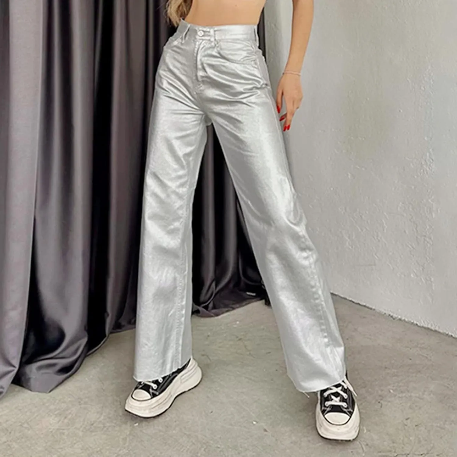 Women's Faux Leather Loose Solid PU Pants High Waist Baggy Jogger Cargo Trousers with Pockets Wide Leg Palazzo Pants