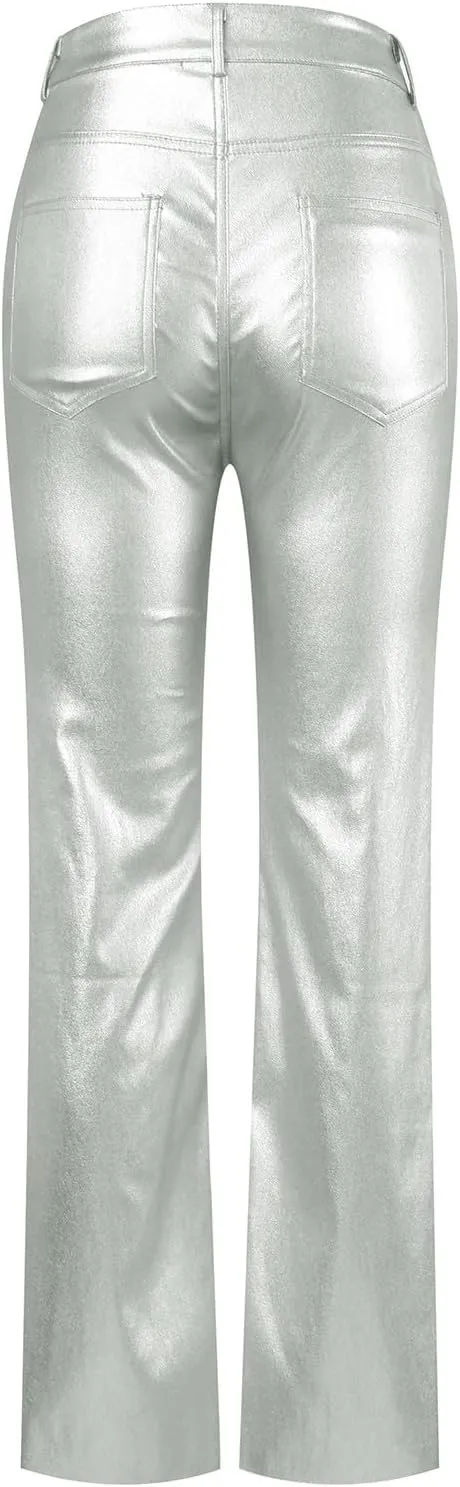 Women's Faux Leather Loose Solid PU Pants High Waist Baggy Jogger Cargo Trousers with Pockets Wide Leg Palazzo Pants