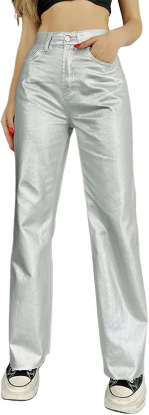 Women's Faux Leather Loose Solid PU Pants High Waist Baggy Jogger Cargo Trousers with Pockets Wide Leg Palazzo Pants