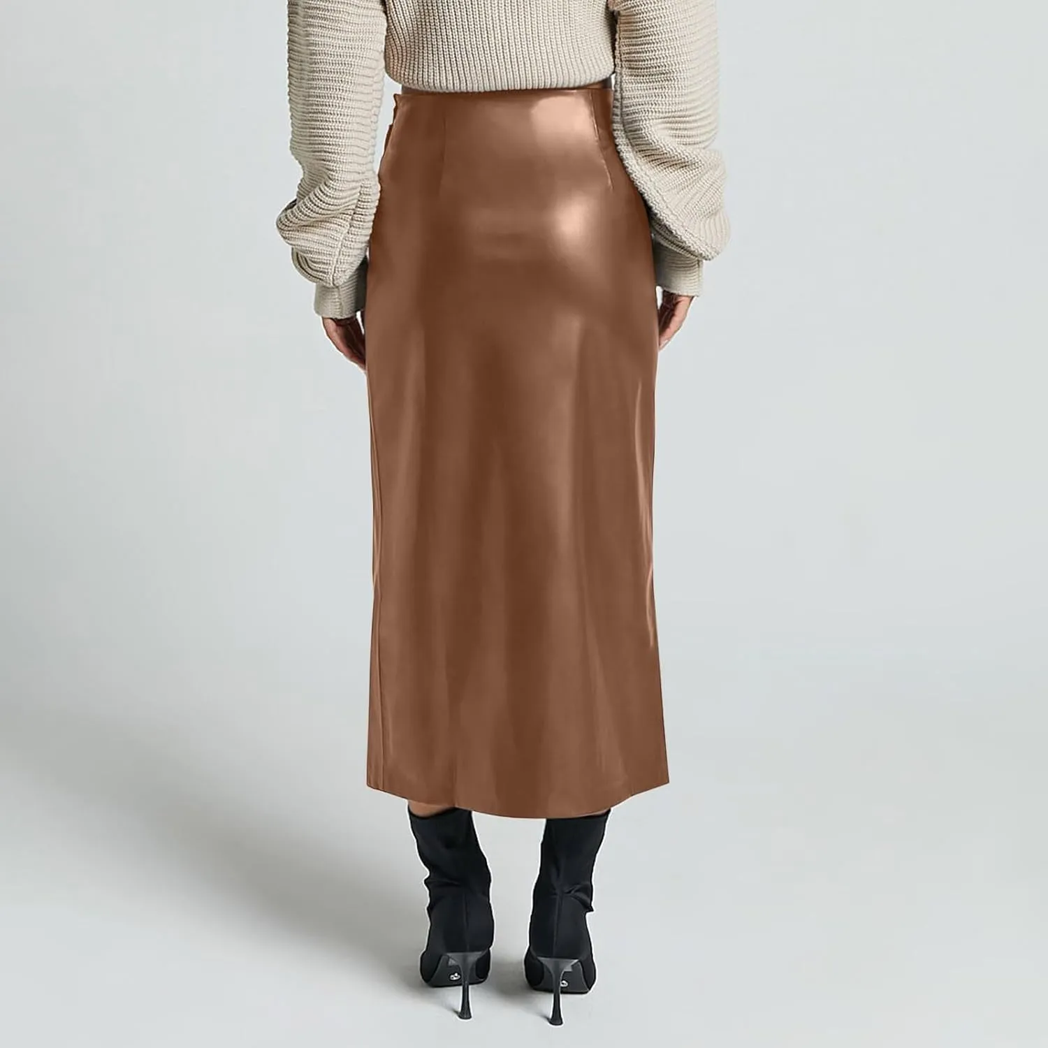 Women's Faux Leather Midi Skirt High Waisted Side Split Party Club Long Bodycon Skirts