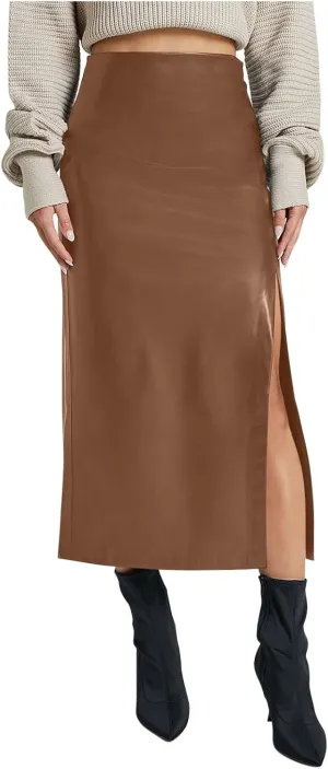 Women's Faux Leather Midi Skirt High Waisted Side Split Party Club Long Bodycon Skirts