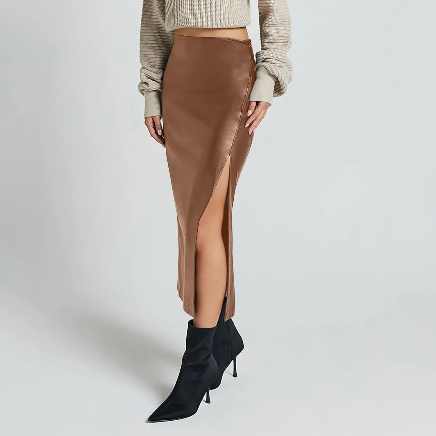 Women's Faux Leather Midi Skirt High Waisted Side Split Party Club Long Bodycon Skirts