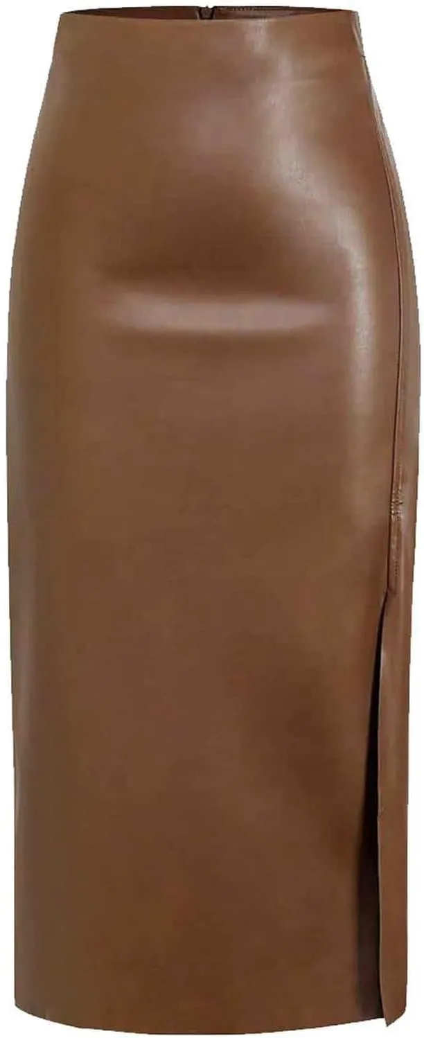 Women's Faux Leather Midi Skirt High Waisted Side Split Party Club Long Bodycon Skirts