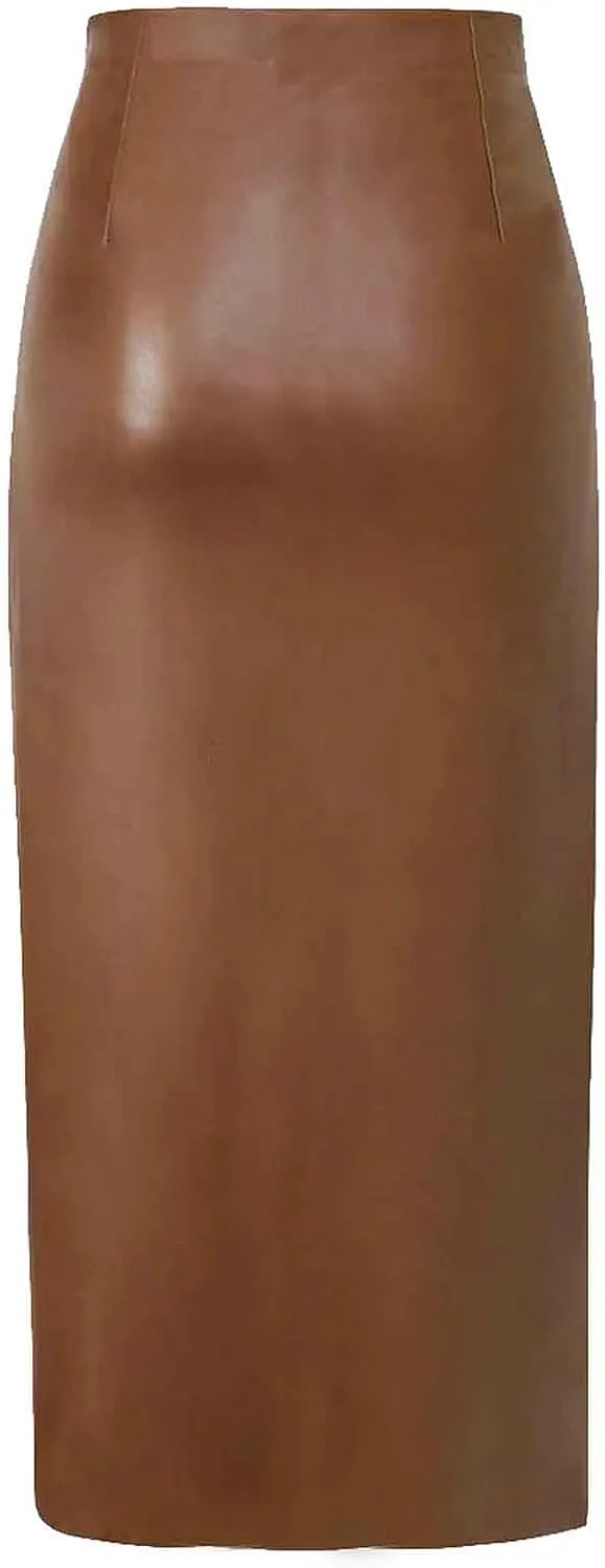 Women's Faux Leather Midi Skirt High Waisted Side Split Party Club Long Bodycon Skirts