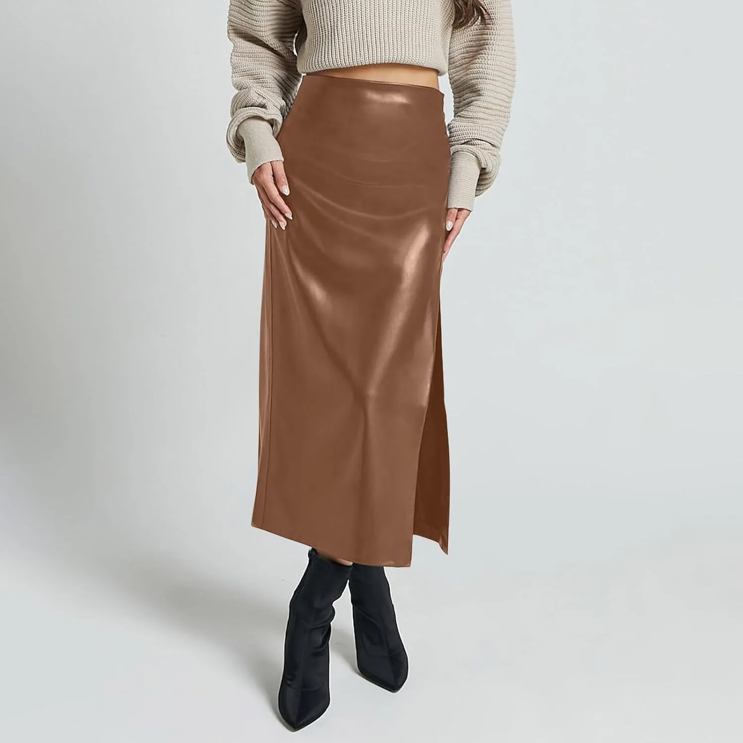 Women's Faux Leather Midi Skirt High Waisted Side Split Party Club Long Bodycon Skirts