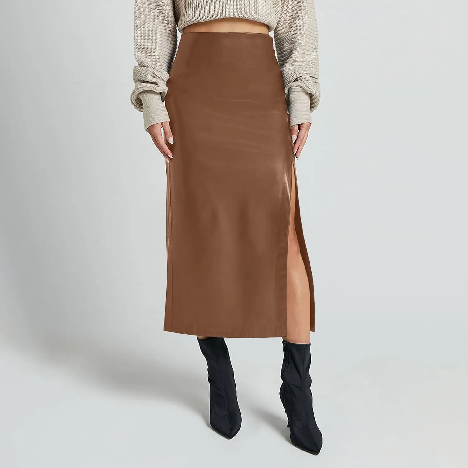 Women's Faux Leather Midi Skirt High Waisted Side Split Party Club Long Bodycon Skirts