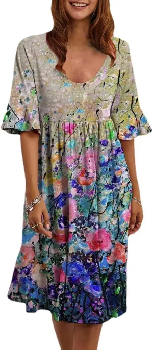Women's Floral Print Dress Casual Flounces Bell Sleeves Belted Waist Mini Dress Knee Length Summer Beach Sundress