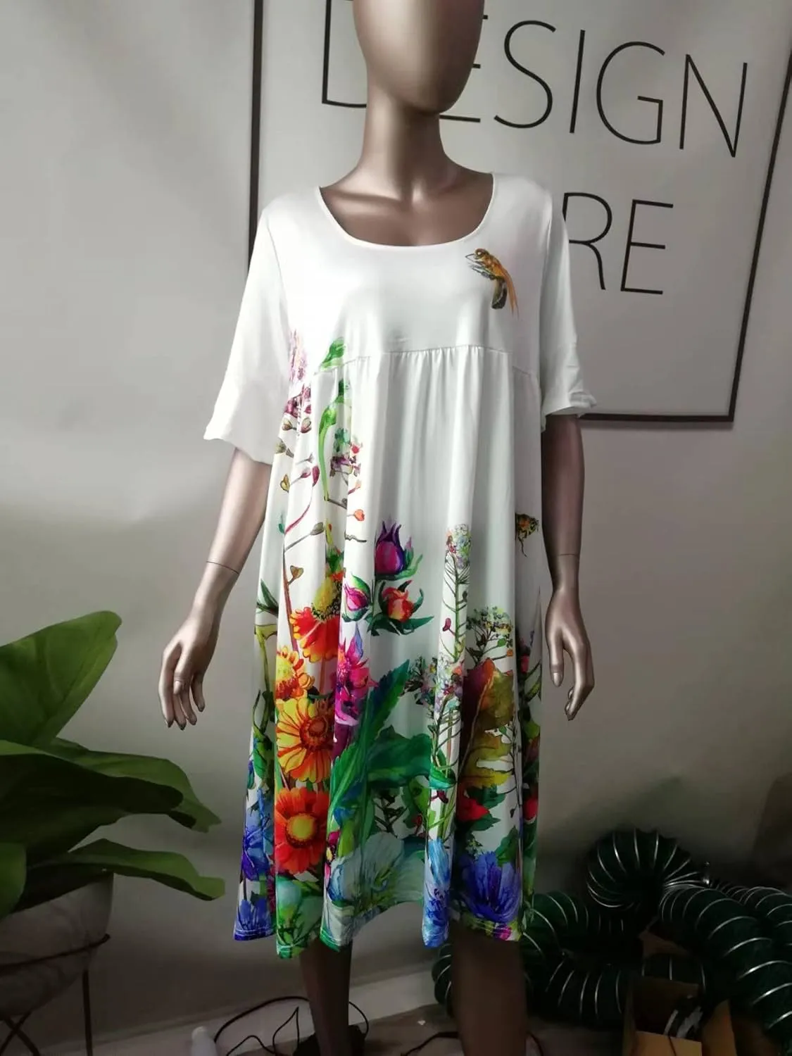 Women's Floral Print Dress Casual Flounces Bell Sleeves Belted Waist Mini Dress Knee Length Summer Beach Sundress
