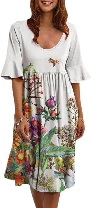 Women's Floral Print Dress Casual Flounces Bell Sleeves Belted Waist Mini Dress Knee Length Summer Beach Sundress