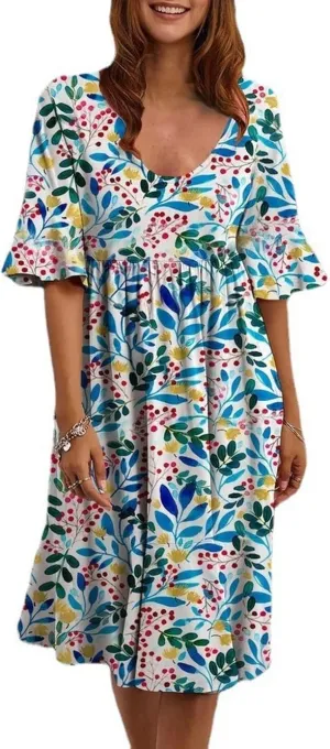 Women's Floral Print Dress Casual Flounces Bell Sleeves Belted Waist Mini Dress Knee Length Summer Beach Sundress