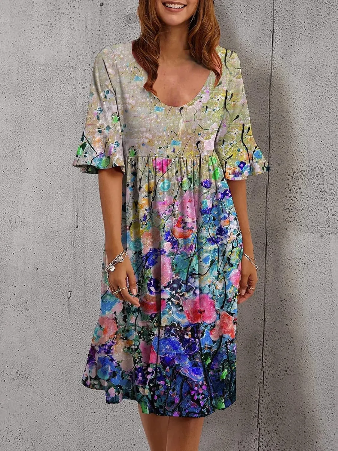 Women's Floral Print Dress Casual Flounces Bell Sleeves Belted Waist Mini Dress Knee Length Summer Beach Sundress