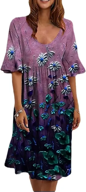 Women's Floral Print Dress Casual Flounces Bell Sleeves Belted Waist Mini Dress Knee Length Summer Beach Sundress