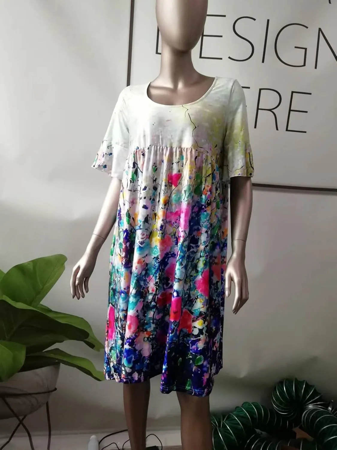 Women's Floral Print Dress Casual Flounces Bell Sleeves Belted Waist Mini Dress Knee Length Summer Beach Sundress