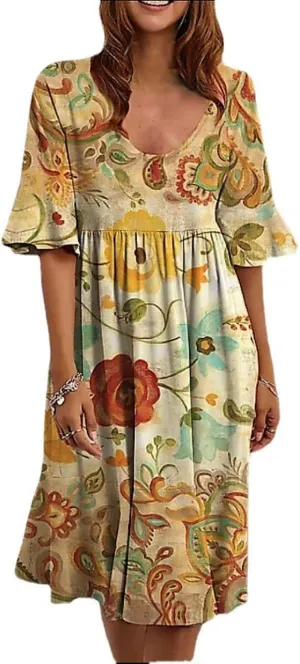 Women's Floral Print Dress Casual Flounces Bell Sleeves Belted Waist Mini Dress Knee Length Summer Beach Sundress