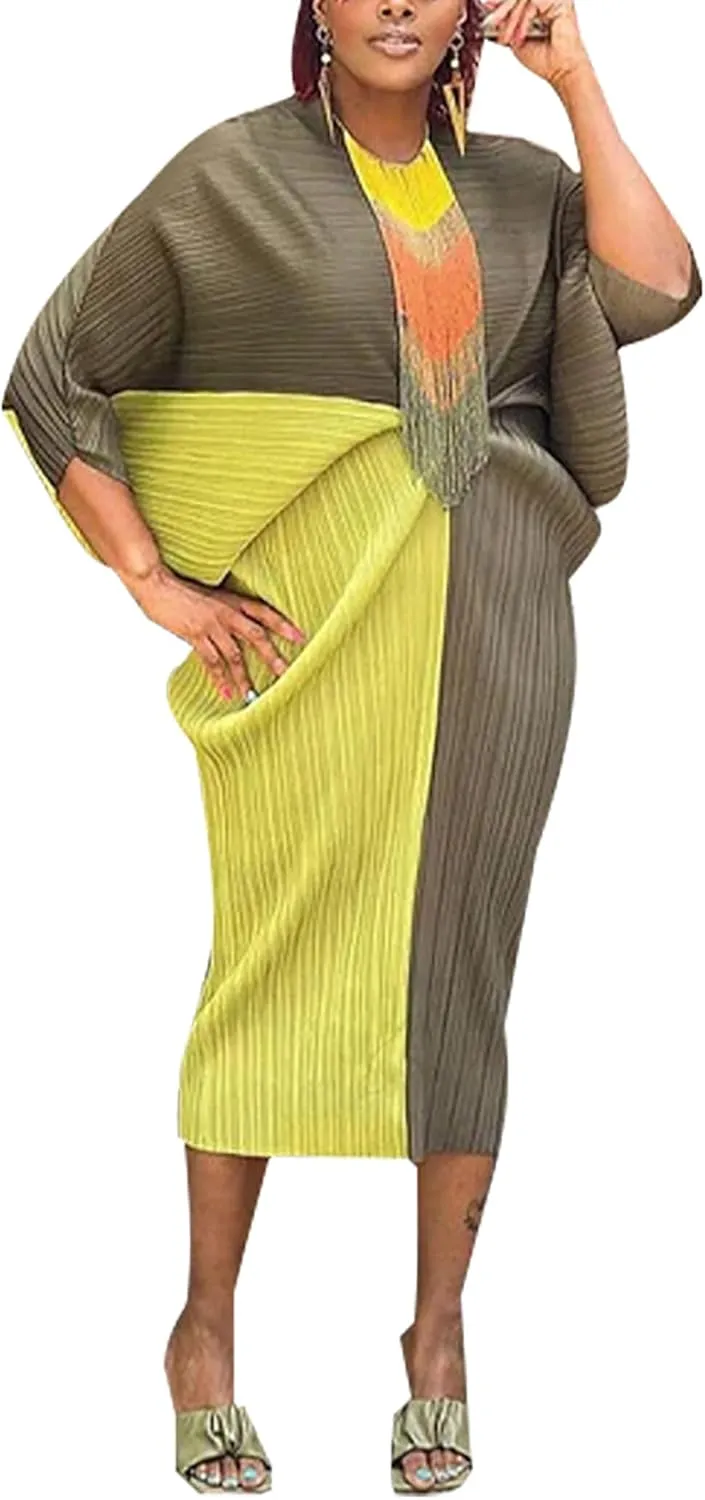 Women's Floral Print Pleated Long Dress Elegant Stretchy Flowy Ruched Midi Dress for Party Club
