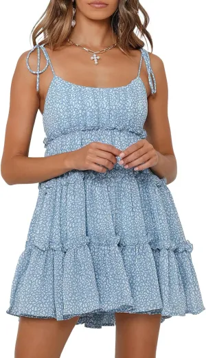 Women's Floral Tie Strap Ruffle Tiered Chiffon Sundress Sleeveless Swing Summer Beach Mini Dress