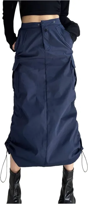 Womens High Waist Skirt Women's Loose Casual Quick Drying Pleated Drawcord Work Suit Split Skirt Midi Skirt